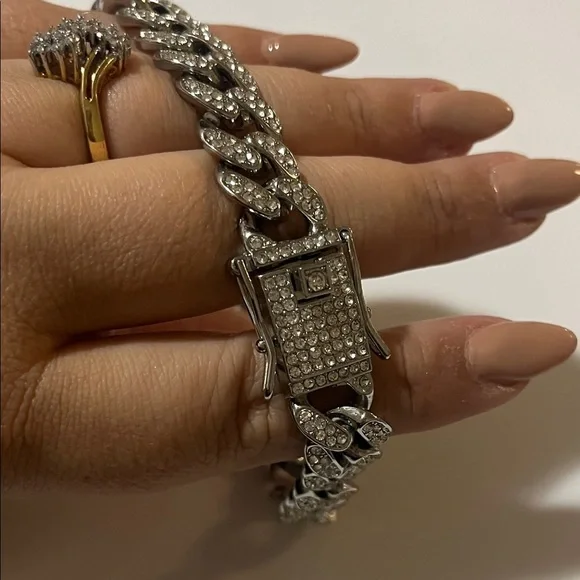 Silver-tone Men’s Chain Bracelet with Rhinestones - Picture 2 of 9